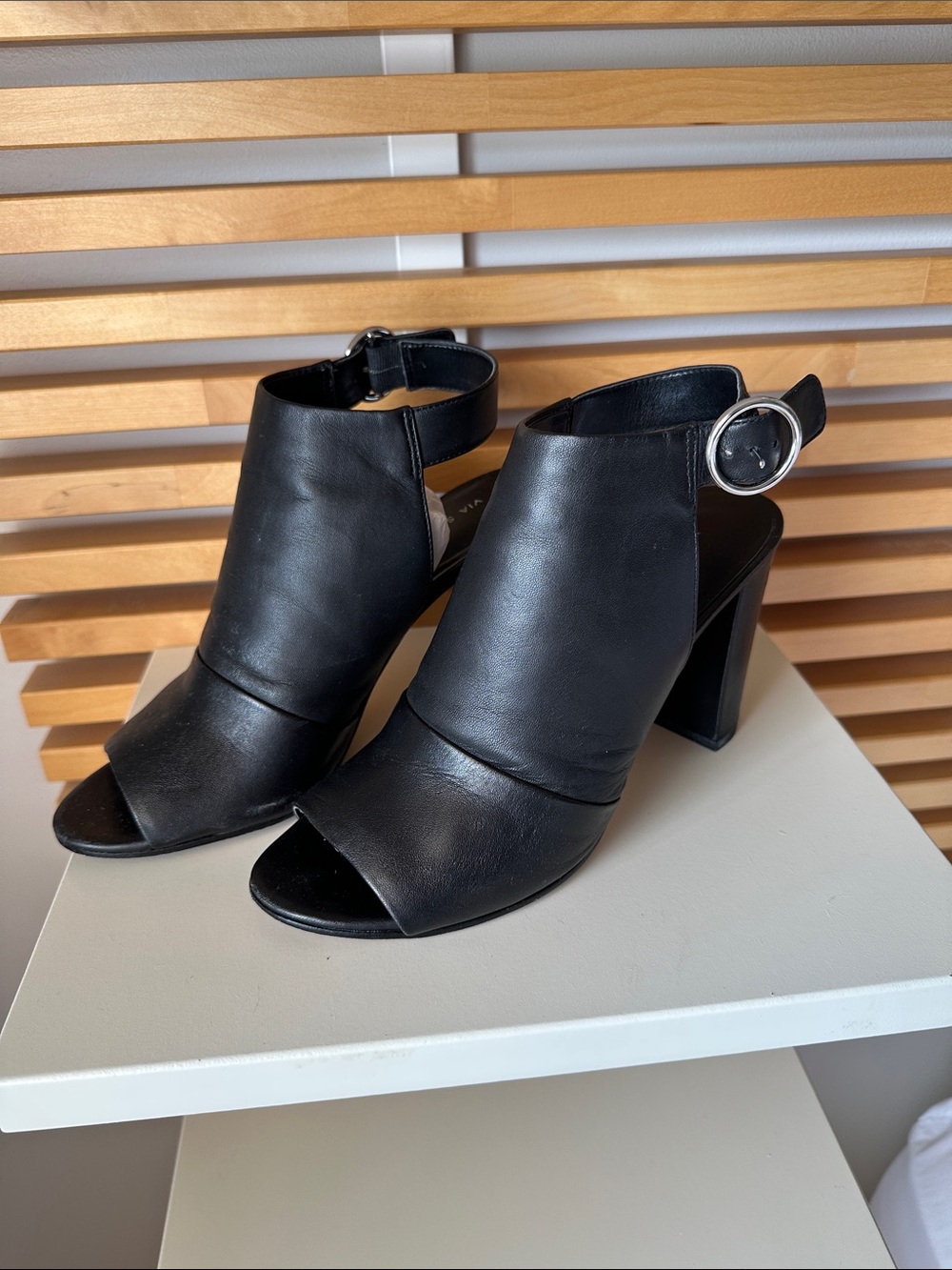Via Spiga Black Leather Peep-Toe Block Heels with Ankle Buckle